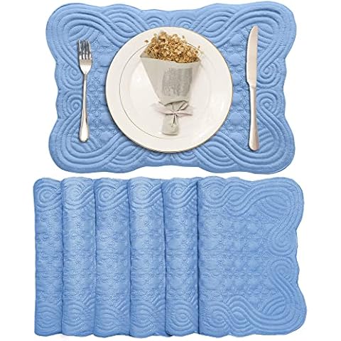 Loom and Mill Quilted Table Placemats Set of 6, Natural Fabric Farmhouse Style Dining Table Mats, Double Layer & Washable for Kitchen Dinner Party Holidays All Season Everyday Use(12"x18", Blue) Cover
