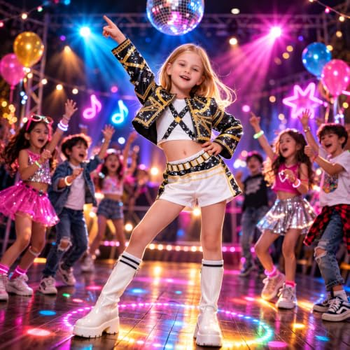 Image of Wanna Party Korean Pop Inspired Black & White Kids Costume, Size S, 3 Pcs Shimmery Stage Outfit with Jacket, Top & Shorts for Birthday Party, Dance Performance, Fancy Dress & Theme Event
