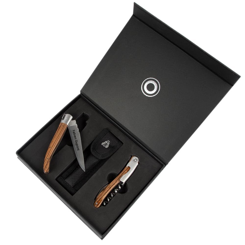 Coffret couteaux personnalisés gravés – Couteau de poche et sommelier en bois et métal – Coffret cadeau 2 pièces personnalisables