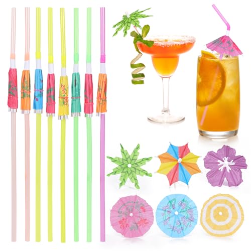 [100 Pcs] Cocktail Drink Umbrellas Straws and Picks - 9.45 Colorful Straw & 4 Cocktail Umbrella for Drinks Party Straws and Toothpicks for Luau Tropical Aloha Hawaiian Tiki Bar Decorations