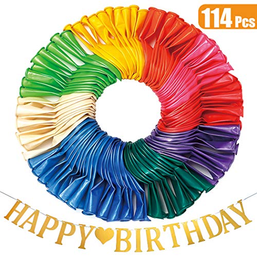 LYESHY 114 Pack Pearl Party Balloons & Banners of Happy Birthday Letters Set, 12 Inches Thickened Rainbow Latex Balloon for Arch Garland Festival Christmas