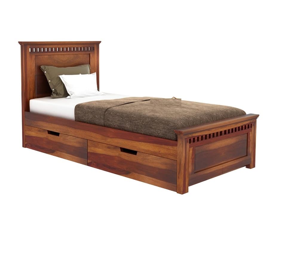 Image of Solid Sheesham Wood Single Size Bed with Drawer Storage | Single Size Cot Bed Wooden with Storage Headboard for Living Room, Bedroom | Teak Brown Finish