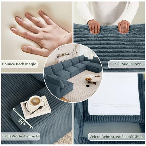 Image of 165 inch Cloud Couch Modular Sectional Sofa for Living Room, U-Shape Boneless Couch with Deep Seat, Modern Corduroy 7-Seater, No Assembly Required,Blue