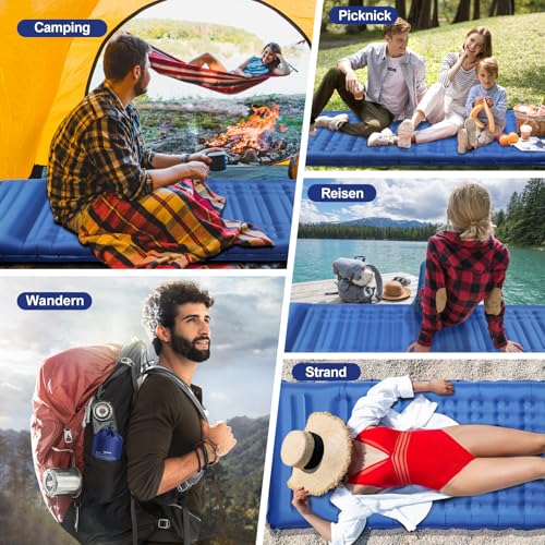 Arlierss Isomatte, 12CM Dicke Luftmatratze Camping mit Fußpresse Pumpe und Kissen, Anti-Ripstop Tragbar Schlafmatte Outdoor für Wandern, Reise, Strand-Blau