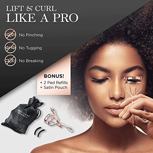 Brilliant Beauty Eyelash Curler with Satin Bag and Refill Pads - Award Winning - No Pinching, Just Dramatically Curled Eyelashes and Lash Line in Seconds - Get Gorgeous Eye Lashes Now (Rose Gold)