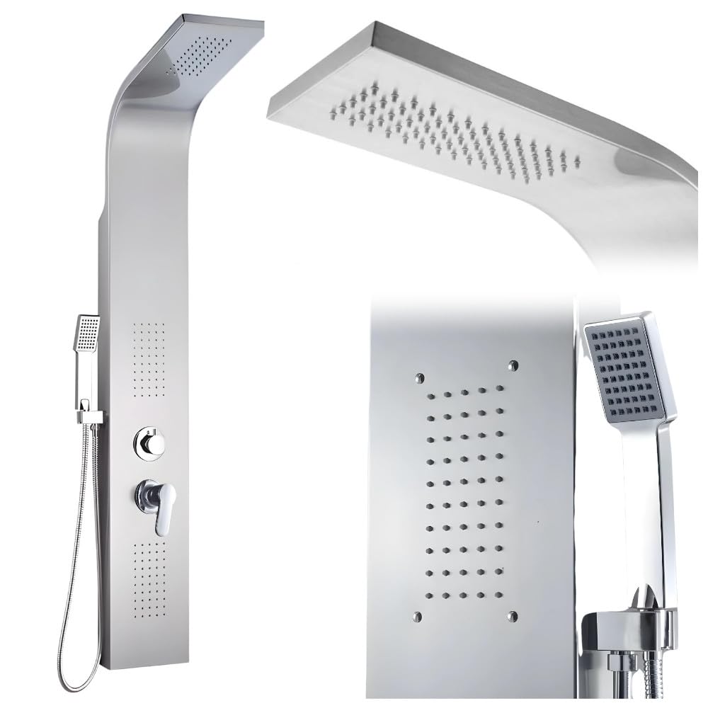 ZOLTA Panel Prysznicowy Srebrny – Zestaw Prysznicowy z Deszczownicą, Hydromasażem i Baterią, Nowoczesny Panel Natryskowy do Łazienki, Komfortowa Kąpiel SPA w Domu