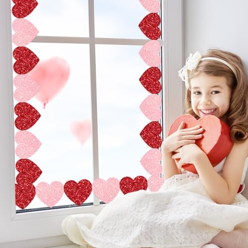 Image of Whaline 65.6ft Heart Bulletin Board Border Glitter Pink Red Heart Shaped Die-Cut Border Trim for Valentine's Day Anniversary Chalkboard Decoration