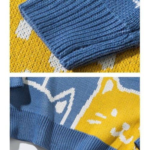 Pullover Men Sweater Men's Cartoon Cat Knitted Japanese Retro Harajuku Tops Oversized Knitwear for Winter Autumn Long4