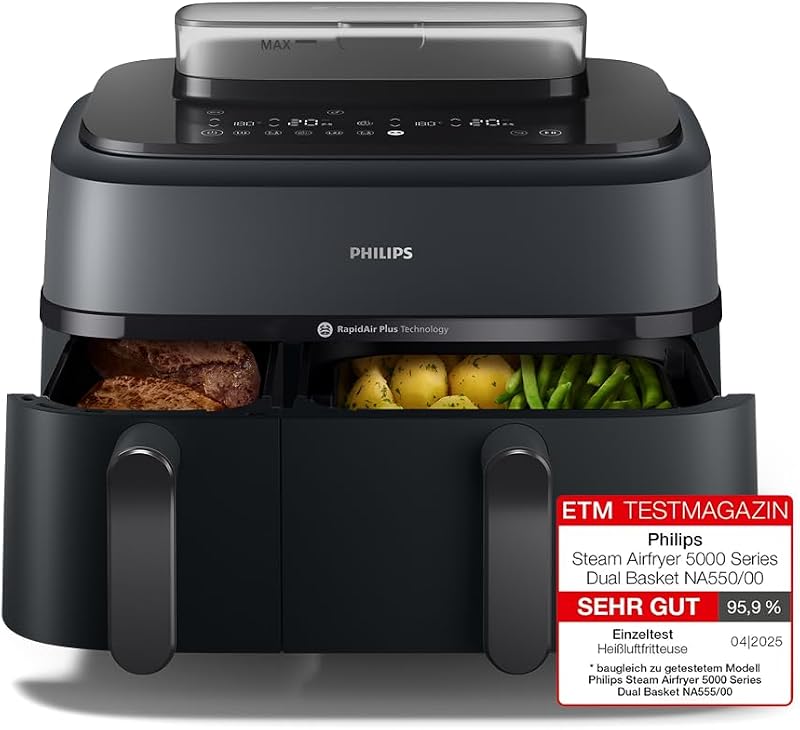 Philips Steam Airfryer Dual Basket 5000 Series, Hot Air Fryer & Steamer in One Device, 9L 2 Baskets, RapidAir Plus Technology, 19 Cooking Functions, 90% Less Fat, Steam Cleaning (NA550/00)