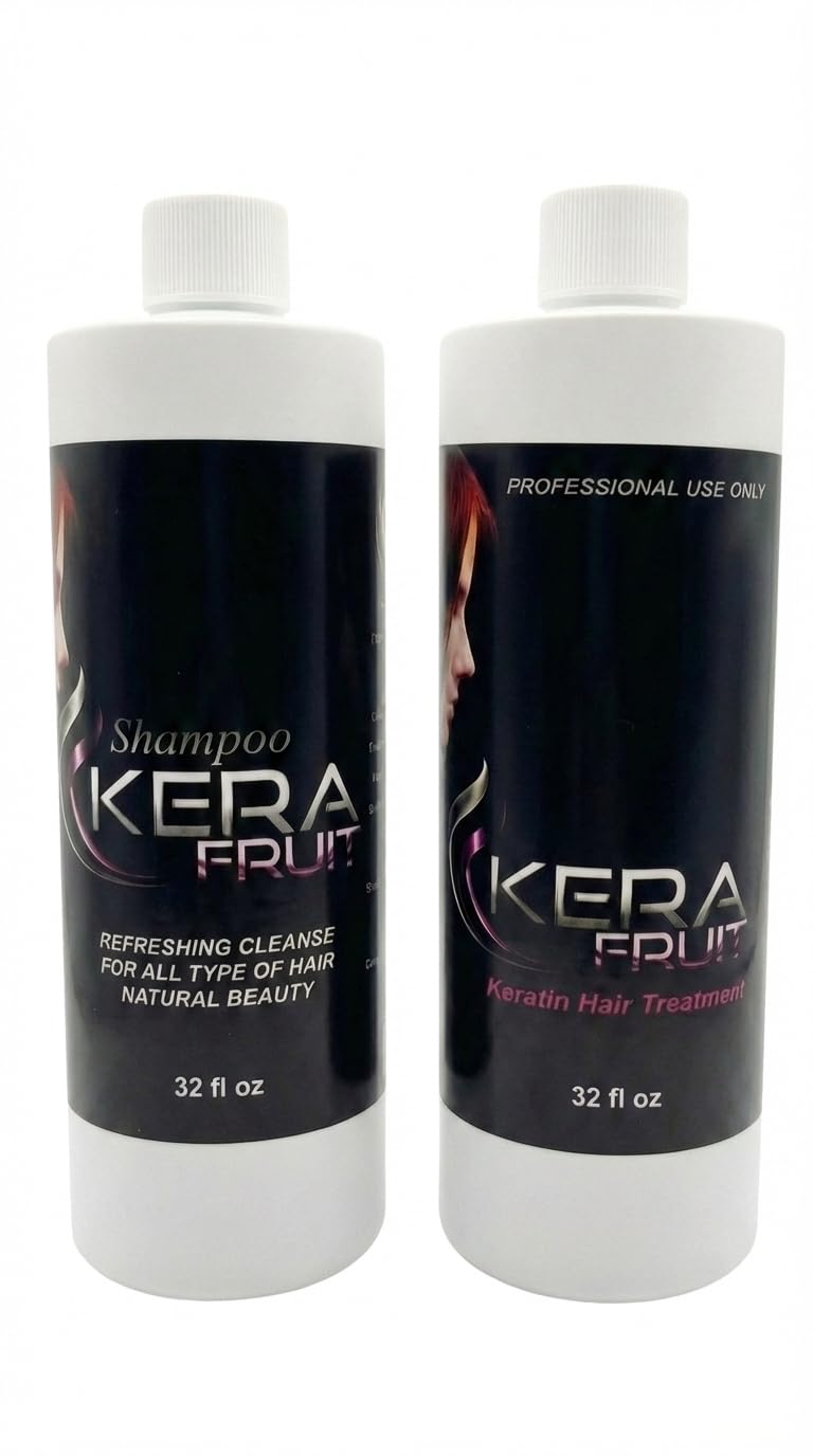 KERA FRUIT Keratin Treatment Kit 32oz (1L) - Professional Brazilian Hair Surgery & Clarifying Shampoo Set - Extreme Smoothing, Frizz Control & Intense Shine Keratina Capilar - Cirugia Capilar