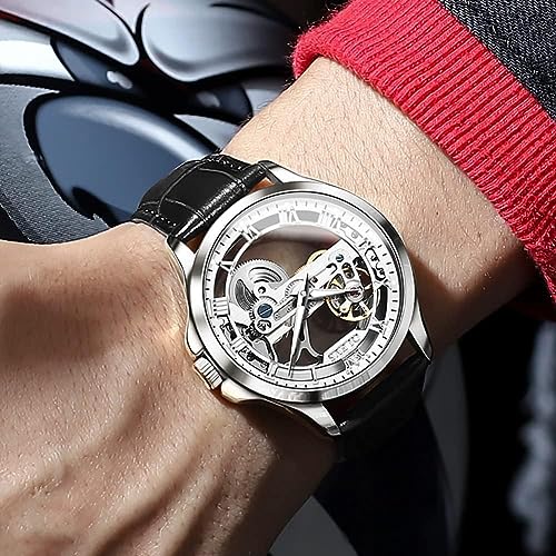 Image of OLEVS Skeleton Watches for Men Automatic Self Winding Mechanical Luxury Dress Leather Waterproof Luminous Men Wrist Watch