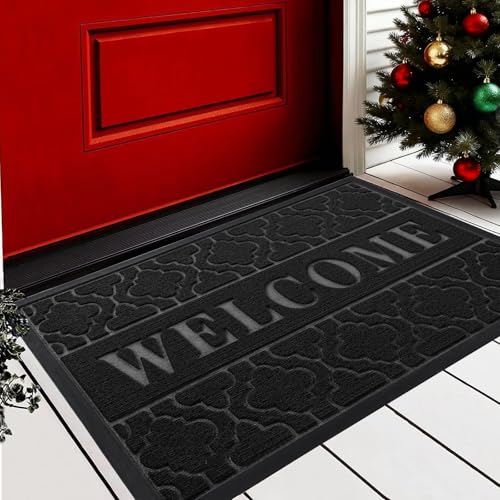Yimobra Welcome Mat Outdoor Indoor 29.5x17, All-Weather Waterproof Front Door Mat Outside Entrance, Non-Slip Low Profile Porch Patio Doormat, Black