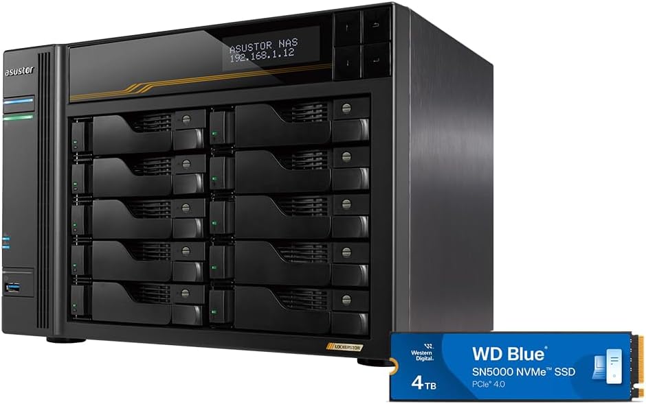 Asustor Lockerstor 10 Gen3 AS6810T with 1 x 4TB SSD (WDS400T4B0E), 10 Bay NAS, AMD Ryzen Quad-Core 2.3 GHz, 16GB RAM ECC DDR5, 4 M.2 NVMe Slots, Dual 5GbE and Dual 10GbE Port Network Attached Storage