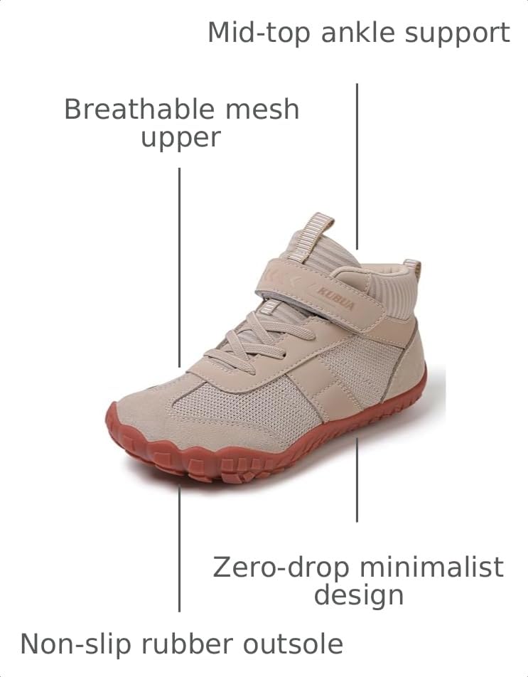 Image of KUBUA Kids High Top Barefoot Shoes Boys Girls Minimalist Zero Drop Sneakers | Wide Toe Box, Padded Collar for Ankle Support, Non-Slip, Hiking, Tennis, Walking, School, Wrestling, Gym, Little Kid, Big Kid