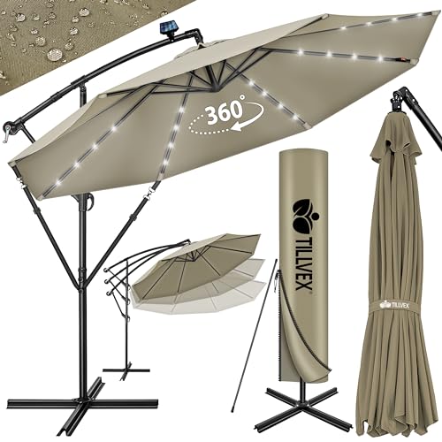 tillvex Parasol déporté LED solaire hexagonale 3M avec manivelle | Pare-soleil avec pied |...