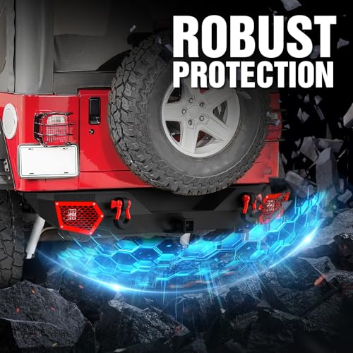 Image of Off-road Rear Bumper Compatible with 1987-2006 Jeep Wrangler TJ YJ LJ (2 /4 Doors) Rock Crawler Bumper Built-in Paintable Armor, 2 inch Hitch Receiver, 2 x 18W LED Lights & D-rings, Textured Black