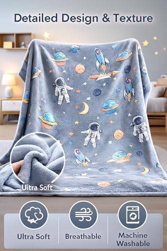 Image of Ultra-Soft Space Themed Baby Blanket for Kids - Plush Grey-Blue Fleece with Rockets, Astronauts & Planets - Cozy Nursery Bedding & Stroller Wrap (Rocket Grey)