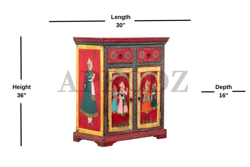 Image of APRODZ Wooden Traditional Handpainted Cabinet with Door & Drawer Storage (Multicolor)