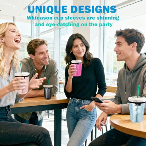 Image of WKIEASON Reusable Iced Coffee Sleeves 16-32OZ PU Leather Neoprene Coffee Cup Sleeves Insulator Cover for Cold Drinks Beverages, Starbucks, McDonalds, Dunkin Donuts and More(Black Set)