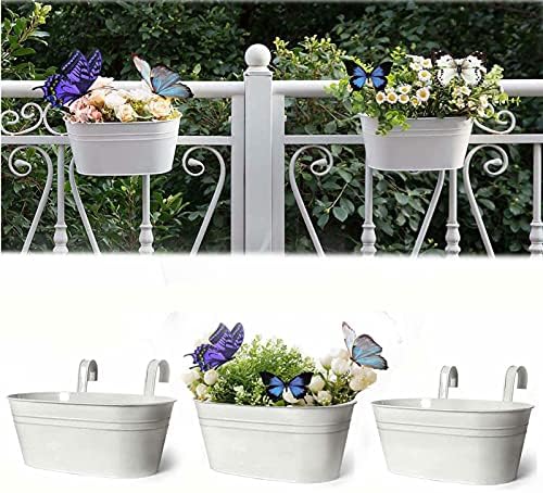 Metal Iron Hanging Flower Pots 3Pcs Wall Hanging Planter for Window Railing Fence Hanging Bucket Pots Modern Countryside Style Flower Plant Holder with Detachable Hooks Country Home Wall Decor