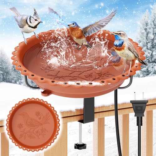 ODSNANIE Heated Bird Bath for Outdoors Upgraded 100W Thermostatically Controlled Heated Bird Baths for Deck Railing Large Capacity Heated Birdbath for Outside Winter Garden Yard Patio Lawn (Brown)