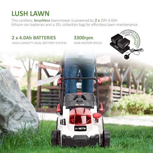 Cordless Lawnmower 40V - Brushless Motor Lawn Mower with 2x 4.0Ah Batteries & Dual Charger, 37cm Width, 6 Heights - Heavy Duty Lawnmower for Medium and Large Gardens - 35L Grass Box - Image 2