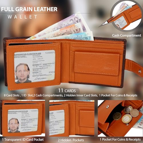 Mens RFID Blocking Compact Real Leather Coin Pocket Billfold Wallet Id Card Holder 1075 Brown Tan2
