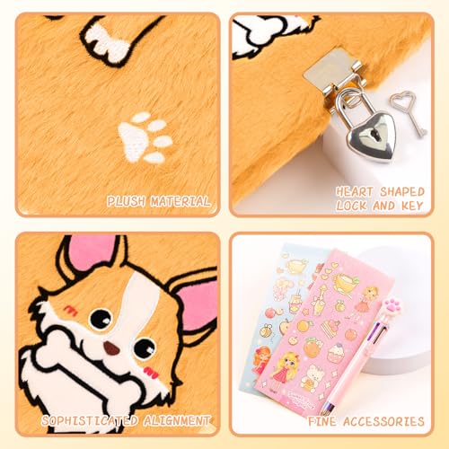 Image of Corgi Diary with Lock,Fluffy Dog Diary for 6 7 8 Year Old Girl,Kids Journal Notebook Gift Set with Multicolored Pen,Plush Secret Diary Lined 160 Pages,Christmas Birthday Gift Set for Kids