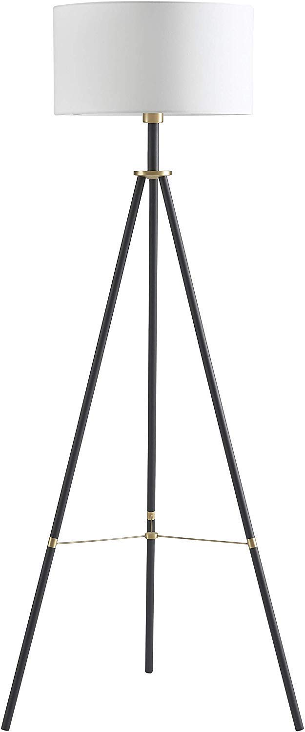 Modern Gloss Black Metal Tripod Floor Lamp with a Black Cylinder Shade