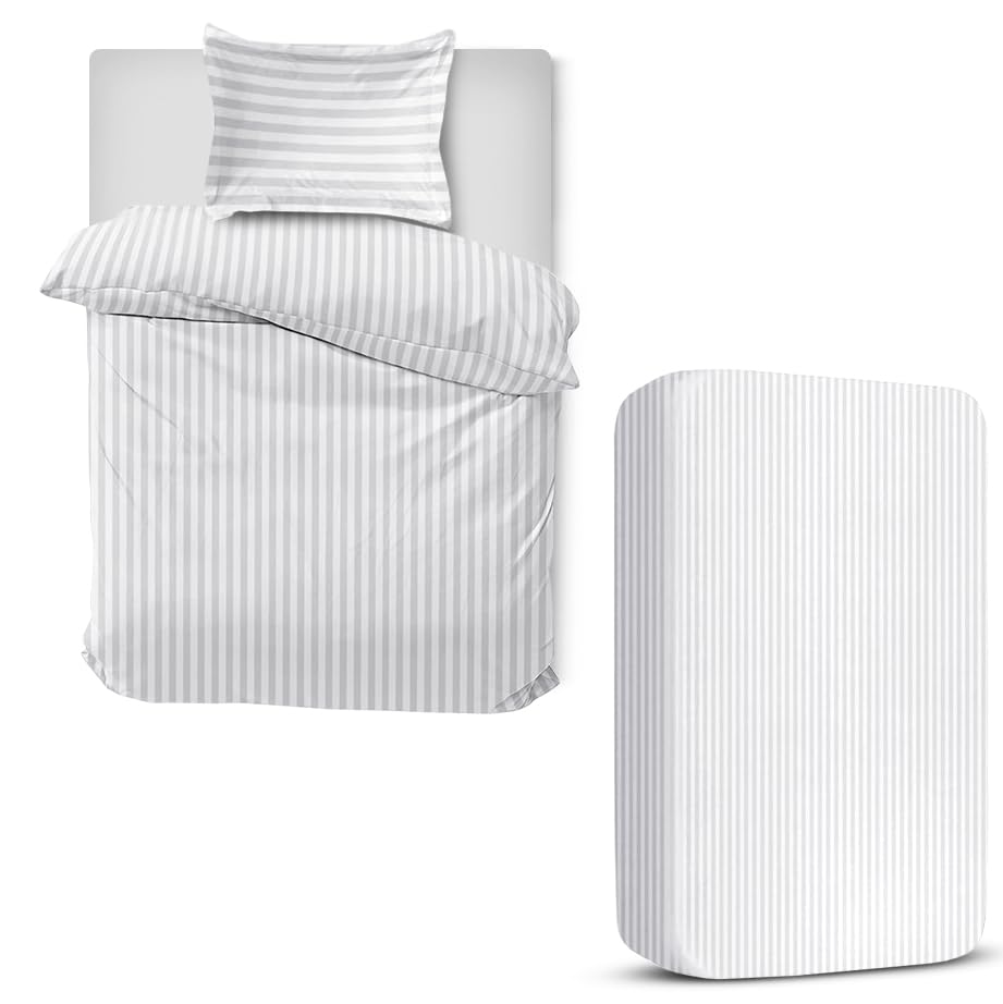 MOONLIGHT20015 3 Piece Single Bedding Set Satin Stripes Duvet Cover Fitted Sheet with Pillow case Hotel Quality Soft Brushed Microfiber Silver โ image 1