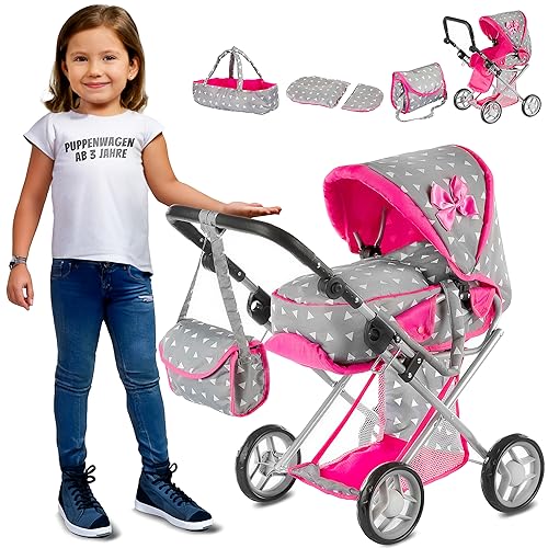 Kinderplay 3-in-1 Puppenwagen mit Tragetasche – Höhenverstellbarer...