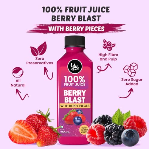 Image of Yu Foodlabs 100% Fruit Juice - Berry Blast - With Blueberry Pieces - Pack of 9 - No Added Sugar Healthy Beverage - 100% Natural Ingredients - Zero Preservatives - 750 ml (3 x 250 ml) - Yu
