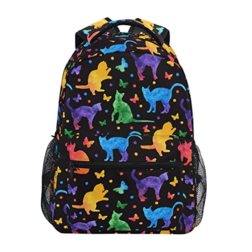Mochila escolar para niños, diseño de gatos, mariposas, color negro, ligera, para niños, Colorido, Small