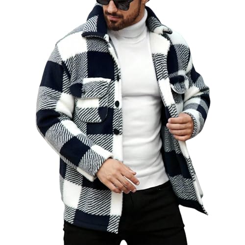 Mens Flannel Shirts Flip Collar Fleece Button Down Long Sleeve Plaid Shirt with Pockets Jackets Warm Winter Coat