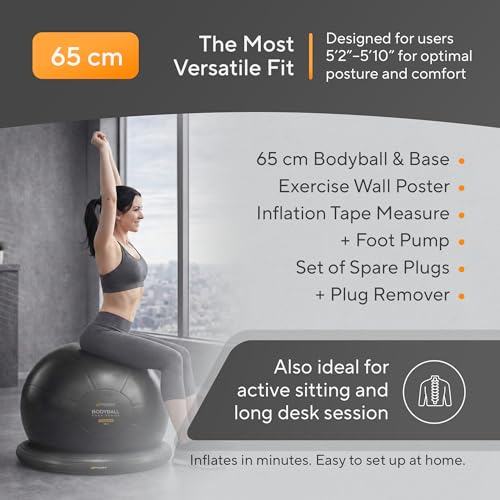 Image of Yoga Exercise Ball Chair for Office Desk with Base, Ideal for Pregnancy, Birthing, Stability Exercises & Fitness. Swiss Stability Birth Ball for Labor, Gym & Workouts.