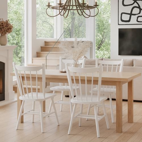 Image of HNY White Windsor Dining Chairs Set of 2, Farmhouse Wooden Kitchen Chairs with Spindle Back, Mid Century Modern Armless Kitchen Side Chair for Dining Living Room Restaurant