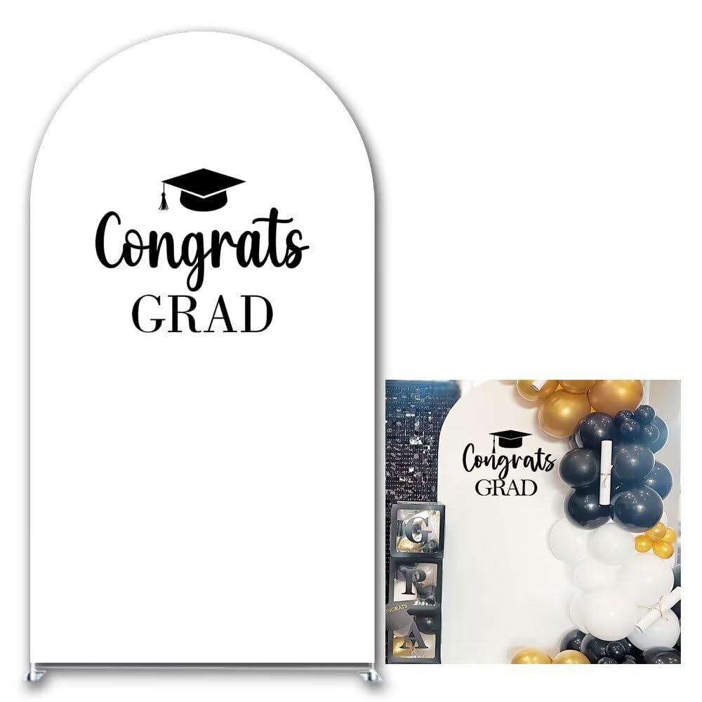 KONPON Congrats Grad Arch Backdrop Cover 7.2FT Bachelor Hat White Stretchy Spandex Arch Stand Cover for Graduation Prom Party Decoration (Only Cover)