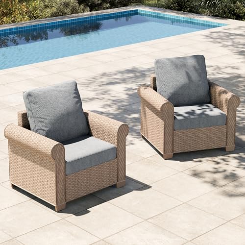 Image of HERA'S HOUSE Patio Furniture Set, 4 x Cushioned Chairs, 3-Seat Sofa with Wood Grain Coffee Table, 5 Seats Luxury Windsor Style All Weahter Outdoor Sofa Conversation Set for Deck Lawn Backyard
