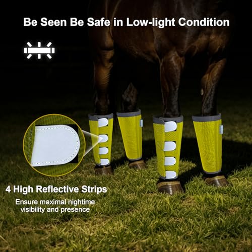 Image of Reflective Horse Fly Boots Set of 4, Loose Fitting Leggings for Horses, Equine Fly Leg Wraps Socks for 4 Legs, Breathable Adjustable and Universal Fit, Reliable Stay Put and on (Yellow)