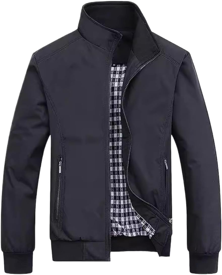 Jaqueta Masculina Casual com Gola Alta, Forro Xadrez, Casacos Zíper Frontal 26525