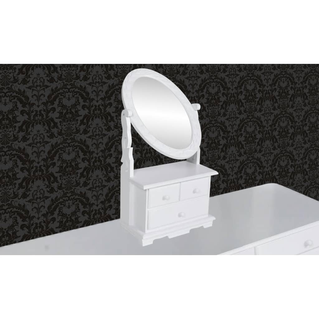 Schminktisch mit ovalem Schwenkspiegel aus MDF Weiß, 26x13x50 cm, mit Schubladen und Stauraum, Makeup Organizer für Schlafzimmer und Bad, kompakter Kosmetiktisch mit Ablage