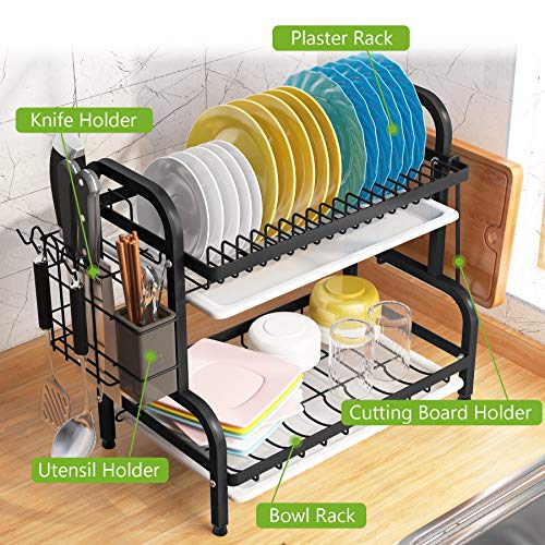 Dish Drying Rack, 1Easylife 2-Tier Compact Kitchen Dish Rack Drainboard Set, Large Rust-Proof Dish Drainer with Utensil Holder, Cutting Board Holder for Kitchen Counter Tableware Organizer Space Saver - Thumbnail 2