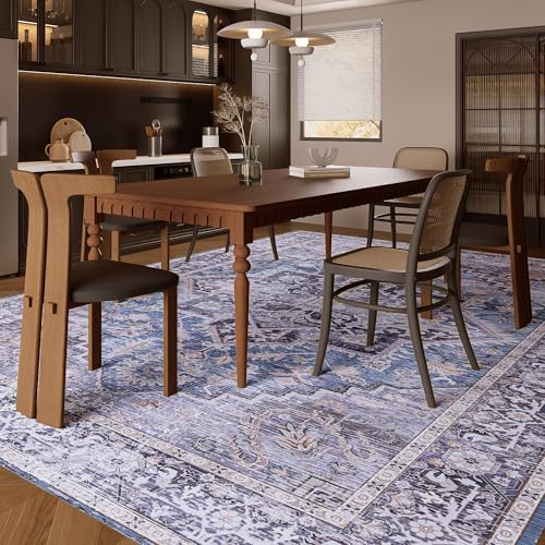 Vintage 9x12 Washable Area Rug, Low-Profile Large Area Rug with Non-Slip Backing & Durable Edge Binding, Pet-Friendly Carpet, Large Rug for Living Room, Bedroom & Dinning Room