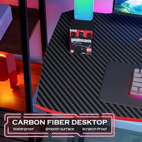 Image of PayLessHere | 35 inch Gaming Table | Red | Z-Shaped Computer Desk with Steel Frame, Headphone Hook, Adjustable Feet | Carbon Fiber Texture Surface, Sweat & Waterproof | for Gaming, Home Office