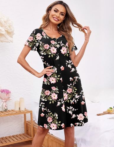 Image of Ekouaer Women's Nightshirt Short Sleeve Button Down Nightgown V-Neck Sleepwear Pajama Dress