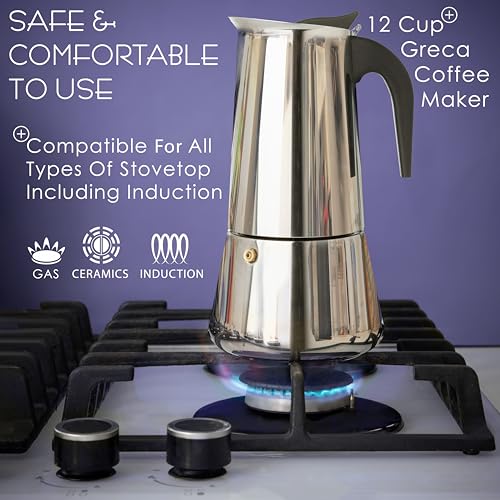 Image of Mixpresso 12 Cup Greca Moka Pot, Stainless Steel Stovetop Espresso Maker | 600ml /20oz Italian stovetop coffee maker with classic percolator design, ideal for preparing coffee at home or while camping