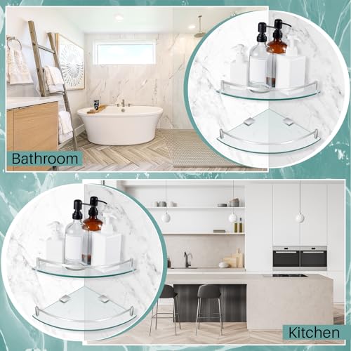 Gejoy Glass 2 Pack Corner Shower Shelf, Bathroom Corner Shelves Wall Mounted with Tempered Glass and Rustproof Brackets, Floating Shower Organizer for Shampoo, Soap and Bath Accessories, 9.25 Inch - Thumbnail 6