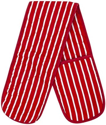 Molly Malou 100% Cotton Butcher Stripe Quilted Double Oven Gloves Pot Holder Heat Resistant Mitt Come in Four Colours (Red)