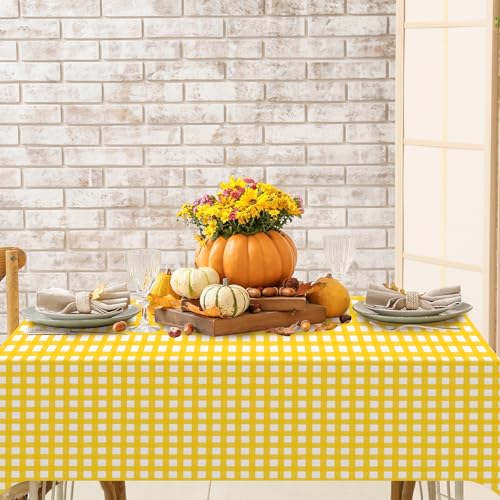 Image of 12Pack Yellow and White Plastic Checkered Tablecloth, Premium Decorative Disposable Yellow Gingham Plaid Table Cloths for Parties, Rectangle Party Table Cover for Picnic Birthday Wedding, 54x108 Inch
