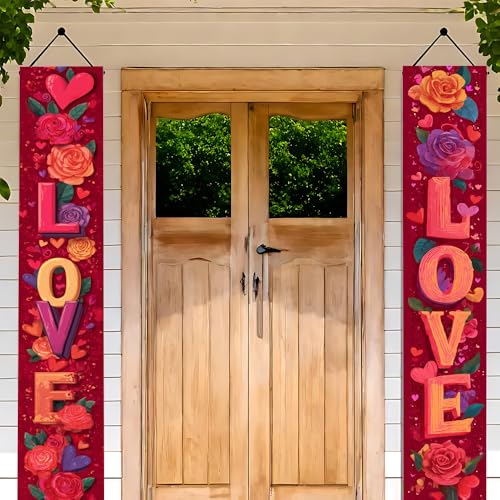 LOVE Roses Valentine Banner 2 Pack Vertical 11.81 x 70.87 Inch Romantic Design Front Porch Outdoor Yard Garden Party Valentine Decorations